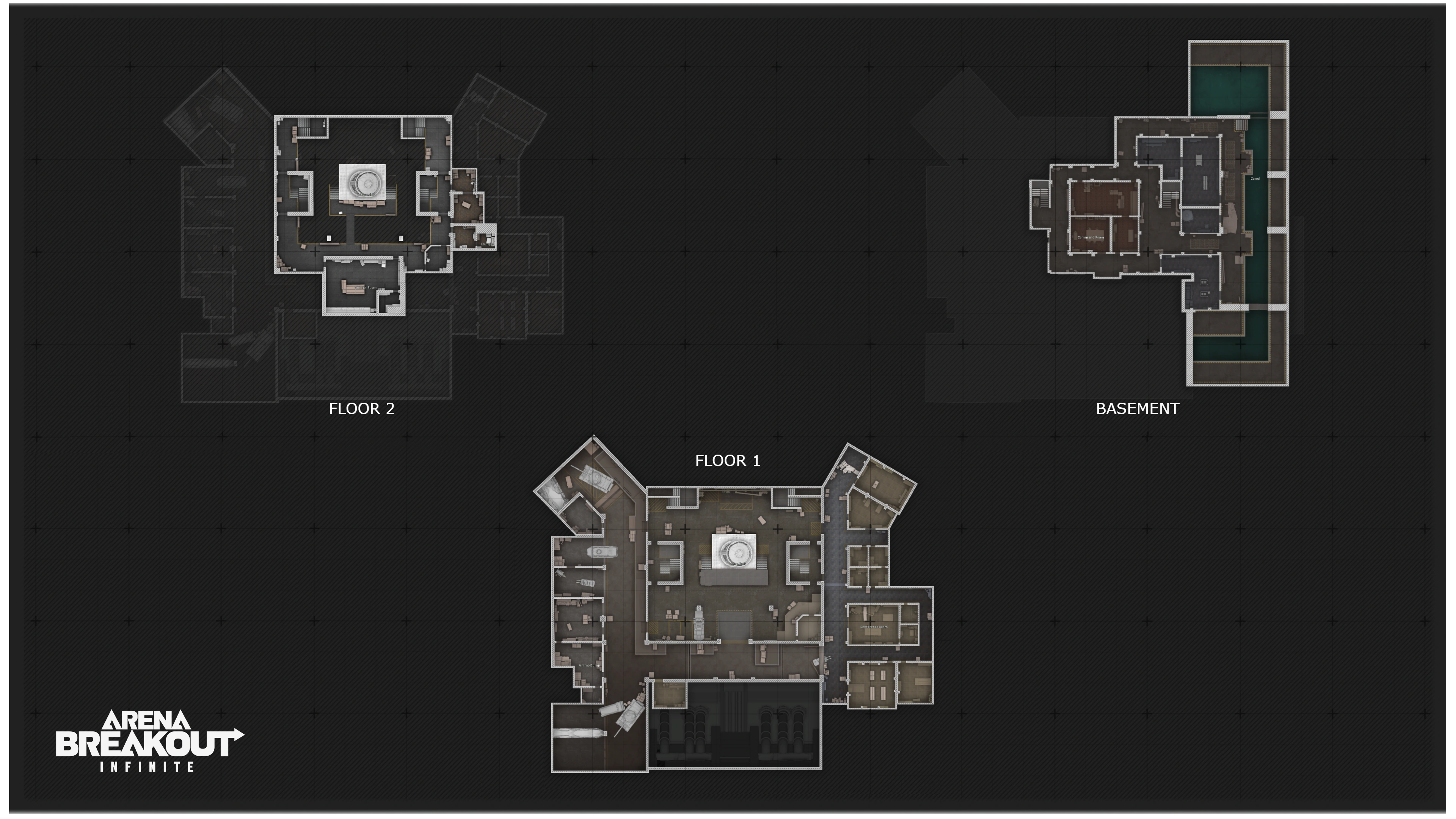 Mapa Armory z trzema poziomami: parterem, piętrem i podziemiami